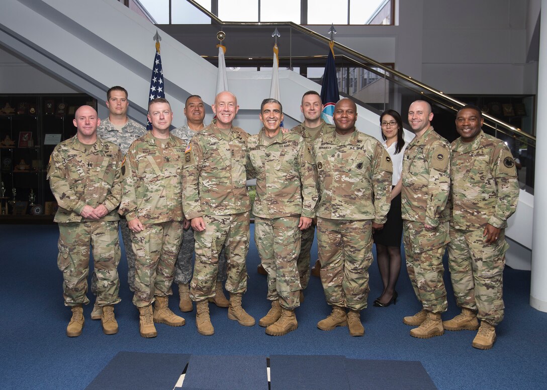 LTG Charles D. Luckey (center), commanding general, United States Army Reserve Command, poses for a group photo with the Army Reserve Engagement Team-Japan Aug. 24, 2016, at USARJ headquarters in Camp Zama, Japan. Luckey visited Japan to understand the close partnership between USARJ and the Army Reserve. The short yet informative tour also gave Luckey a rare opportunity to directly engage with Soldiers working and training in Japan and promote the Army Reserve’s new vision of becoming a lethal, capable and combat ready force prepared to face the unique challenges of the Pacific. (U.S. Army photo by Yuichi Imada, U.S. Army Garrison-Japan)