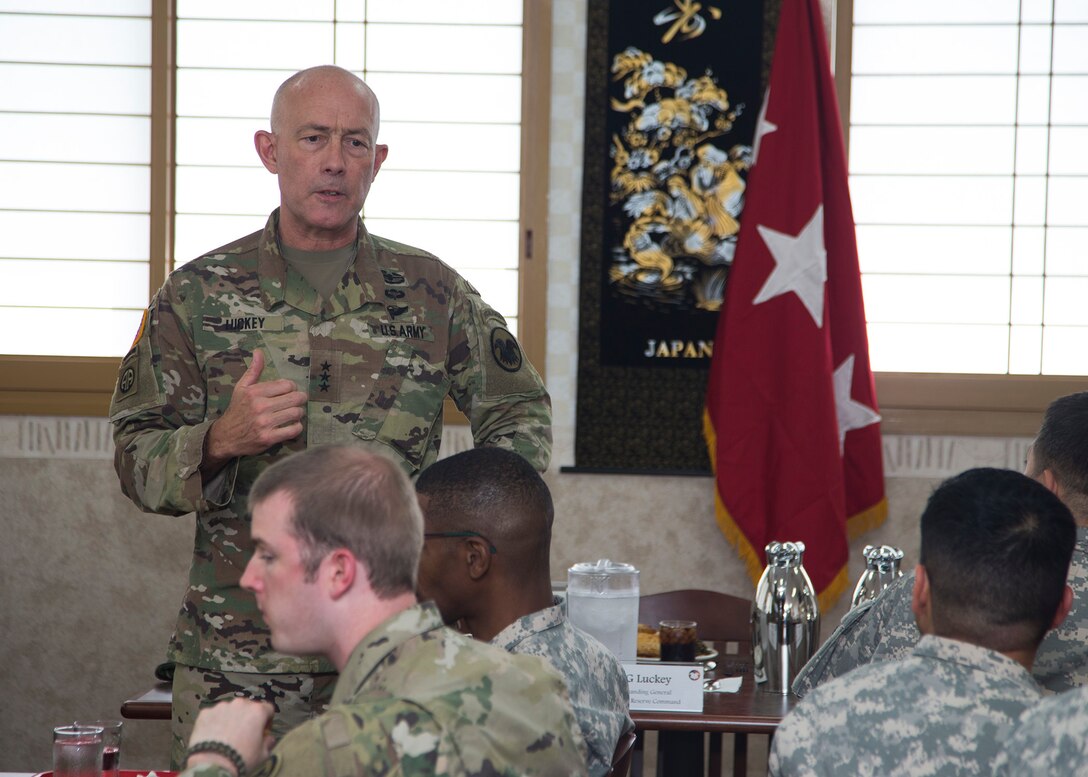 During a luncheon held at the Camp Zama Dining Facility Aug. 25, 2016, LTG Charles D. Luckey, commanding general, United States Army Reserve Command, speaks with Army Reserve Soldiers currently assigned to U.S. Army Japan. Luckey visited Japan to understand the close partnership between USARJ and the Army Reserve. The short yet informative tour also gave Luckey a rare opportunity to directly engage with Soldiers working and training in Japan and promote the Army Reserve’s new vision of becoming a lethal, capable and combat ready force prepared to face the unique challenges of the Pacific. Luckey encouraged the Reserve Soldiers permanently and temporarily assigned to Japan to help him find the perfect balance between building readiness and providing capacity. (U.S. Army photo by Yuichi Imada, U.S. Army Garrison-Japan)