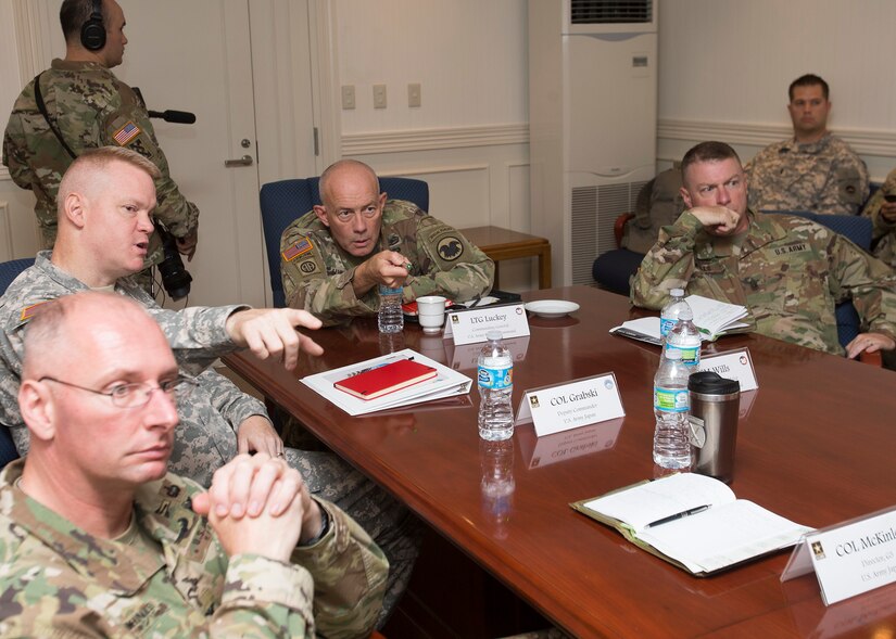 LTG Charles D. Luckey (center), commanding general, United States Army Reserve Command, learns about U.S. Army Japan’s structure, missions and operations during a briefing conducted Aug. 24, 2016, in Camp Zama, Japan. For the first time in his life, Luckey set foot on Japanese soil to understand and appreciate the close relationship between the Army Reserve and USARJ. The short yet informative tour also gave Luckey a rare opportunity to directly engage with Soldiers working and training in Japan and promote the Army Reserve’s new vision of becoming a lethal, capable and combat ready force prepared to face the unique challenges in the Pacific. (U.S. Army photo by Yuichi Imada, U.S. Army Garrison-Japan)