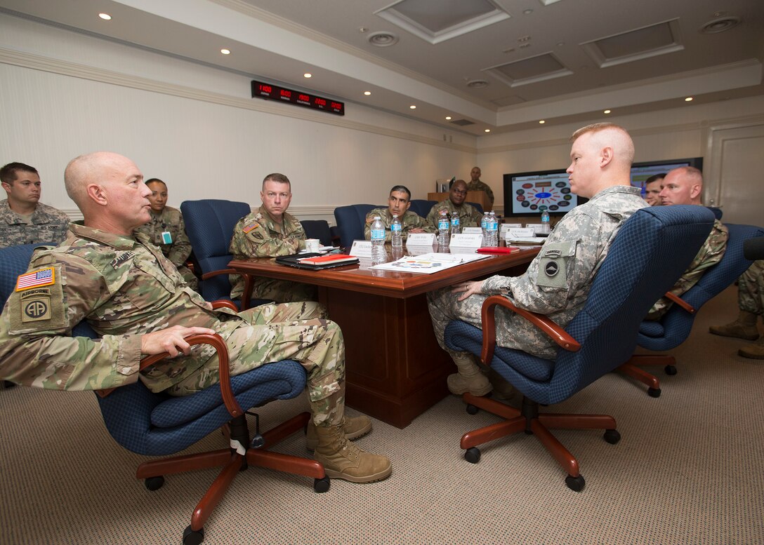 LTG Charles D. Luckey, chief, U.S. Army Reserve, learns about U.S. Army Japan’s structure, missions and operations during a briefing conducted Aug. 24, 2016, in Camp Zama, Japan. For the first time in his life, Luckey set foot on Japanese soil to understand and appreciate the close relationship between the Army Reserve and USARJ. The short yet informative tour also gave Luckey a rare opportunity to directly engage with Soldiers working and training in Japan and promote the Army Reserve’s new vision of becoming a lethal, capable and combat ready force prepared to face the unique challenges of the Pacific. (U.S. Army photo by Yuichi Imada, U.S. Army Garrison-Japan)