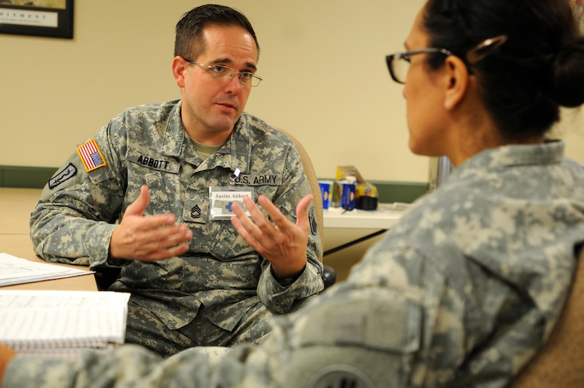 Sergeant 1st Class Justin Abbott, a student in the Sexual Harassment/Assault Response and Prevention (SHARP) Foundation Class and a member of the 76th Operational Response Command,  conducts a practice counseling session with Sgt. 1st Class Tracy Gomez, a Soldier from 103rd Sustainment Command (Expeditionary), who was portraying sexual assault victim for this scenario, August 9 at Fort McCoy, Wisconsin. The two-week course, presented by the 88th Regional Support Command, prepares Soldiers to serve as victim advocates at their assigned units.