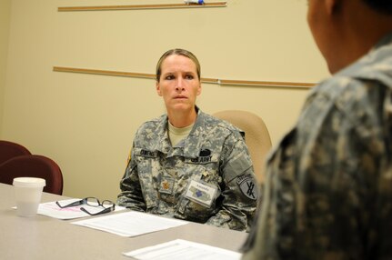 Major Amanda Owens, 418th Civil Affairs Battalion, conducts a victim interview with Capt. Sedoria Outlaw, First Army, during the Sexual Harassment/Assault Response and Prevention (SHARP) Foundation Course presented by the 88th Regional Support Command at Fort McCoy, Wisconsin, August 11.