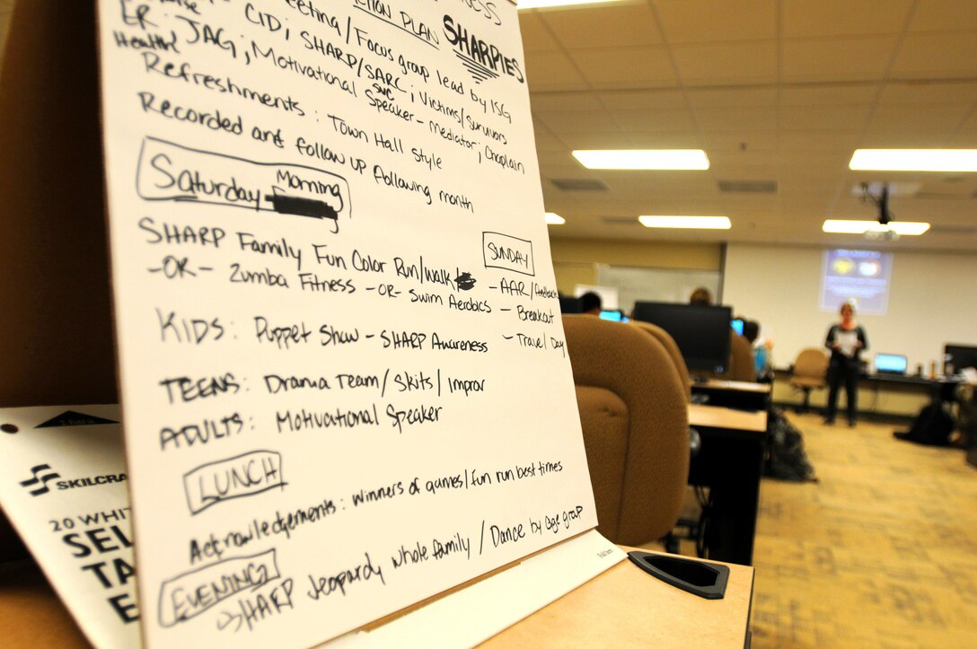 A paper with possible Sexual Harassment/Assault Response and Prevention (SHARP) month activities stands on a desk at the back of the classroom during a SHARP Foundation Course being taught by Penny Gietzen, the command Sexual Assault Response Coordinator for 88th Regional Support Command, at Fort McCoy, Wisconsin, August 9.