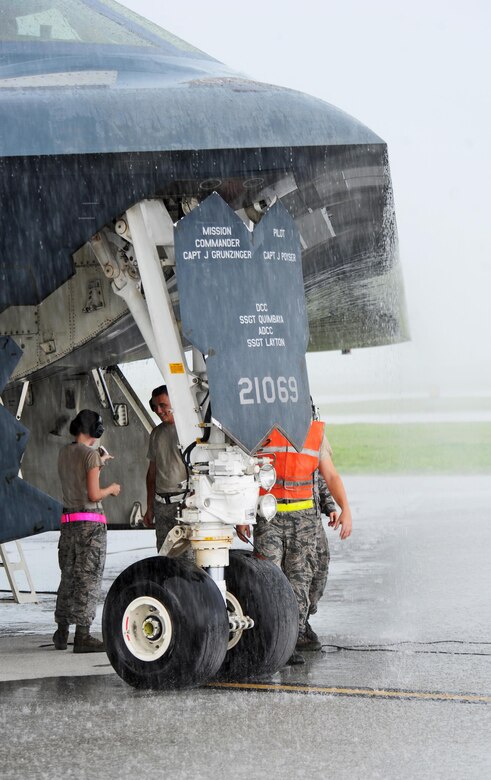 U.S. Air Force B-2 Spirit aircraft undergo pre-flight inspections prior to take off at Andersen Air Force Base, Guam, Aug. 11, 2016. More than 200 Airmen and three B-2s deployed from Whiteman Air Force Base, Mo., to conduct local sorties and regional training and integrate with regional allies in support of Bomber Assurance and Deterrence missions. (U.S. Air Force photo by Tech. Sgt. Miguel Lara III)