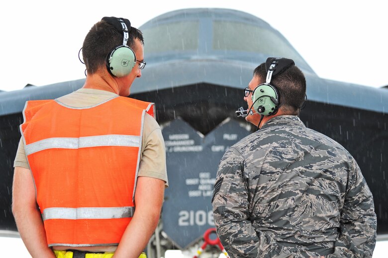 U.S. Air Force B-2 Spirit aircraft undergo pre-flight inspections prior to take off at Andersen Air Force Base, Guam, Aug. 11, 2016. More than 200 Airmen and three B-2s deployed from Whiteman Air Force Base, Mo., to conduct local sorties and regional training and integrate with regional allies in support of Bomber Assurance and Deterrence missions. (U.S. Air Force photo by Tech. Sgt. Miguel Lara III)