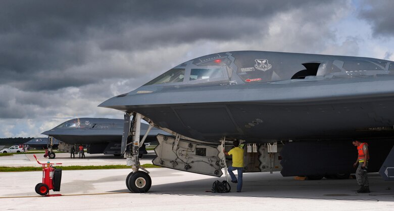 U.S. Air Force B-2 Spirit aircraft undergo pre-flight inspections prior to take off at Andersen Air Force Base, Guam, Aug. 11, 2016. More than 200 Airmen and three B-2s deployed from Whiteman Air Force Base, Mo., to conduct local sorties and regional training and integrate with regional allies in support of Bomber Assurance and Deterrence missions. (U.S. Air Force photo by Tech. Sgt. Miguel Lara III)