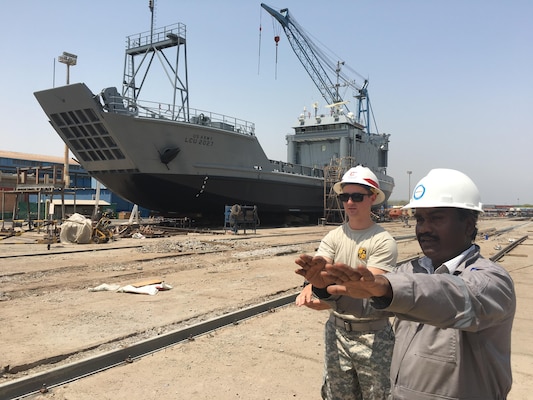 Hunter Tuttle, an Army Reserve Officer Training Corps cadet, learns about the Middle East District's projects in Kuwait.