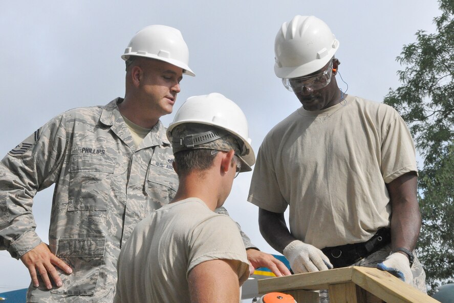 Senior Master Sgt. Brian Phillips, Civil Engineer heavy repair superintendent, talks with Tech. Sgt. David Morrison (right) and Staff Sgt. Dominick Tami (center), both Civil Engineer structural engineers, during a project to put the finishing touches on a new staircase leading from the Veteran’s Park to the riverside here, Aug. 25, 2016. Phillips, Morrison and Tami are members of a small team from the 910th Civil Engineer Squadron, based at nearby Youngstown Air Reserve Station (YARS), Ohio, who teamed up with the City of Newton Falls to undertake a three-week project to demolish the existing staircase and design and build the new stairs under Department of Defense’s Realistic Military Training program and the Air Force Community Partnership Program. The program is designed to identify and develop mutually beneficial partnerships between Air Force installations and surrounding communities. (U.S. Air Force photo/Master Sgt. Bob Barko Jr.)