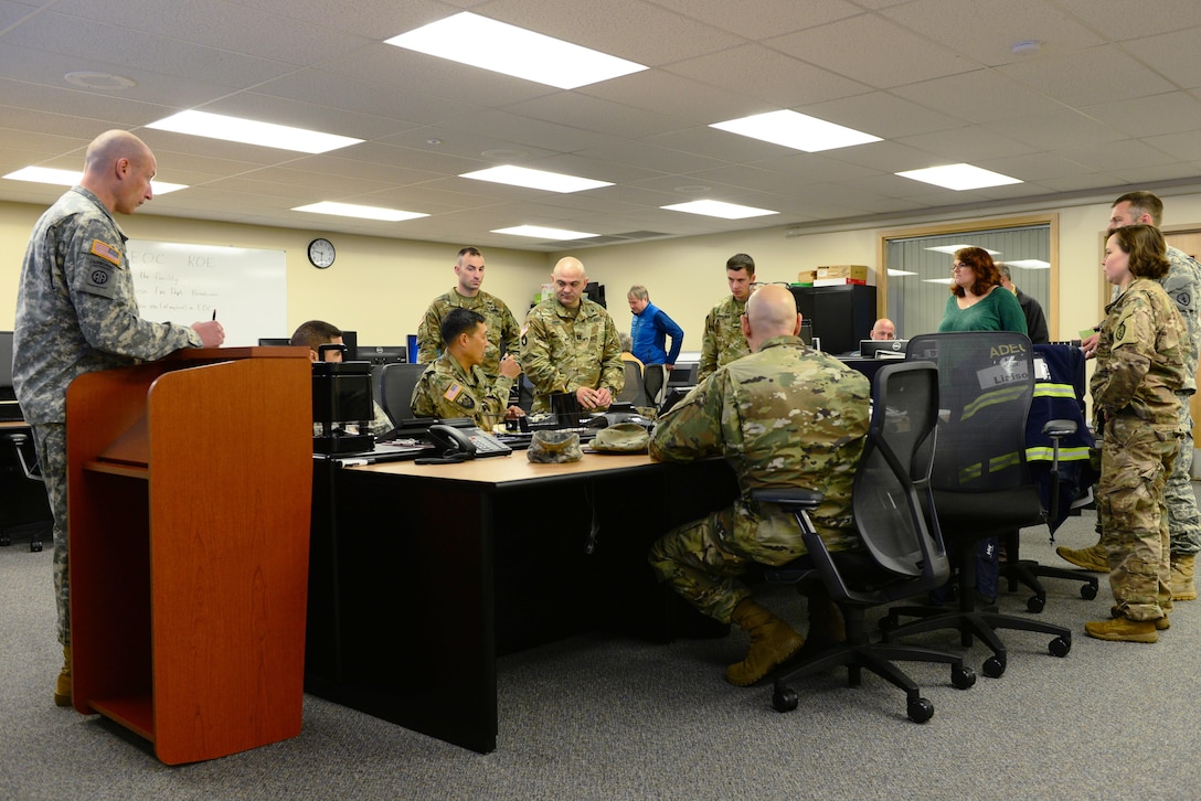 Multiple agencies from Fairbanks, Eielson Air Force Base, Fort Wainwright and the Alaska Army National Guard’s 103rd Weapons of Mass Destruction-Civil Support Team (WMD-CST) gather together in the Emergency Operations Center for a Chemical, Biological, Radiological, Nuclear and Environmental exercise Aug. 23, 2016, in Fairbanks, Alaska. The 103rd WMD-CST funded the exercise to test the interoperability between multiple agencies and get to know who they would work with in the event of a real-world emergency. (U.S. Air Force photo by Airman 1st Class Cassandra Whitman)
