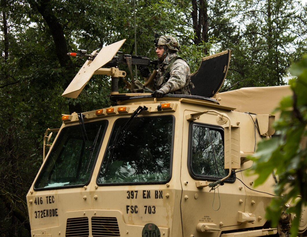 FORT MCCOY, Wis. – A U.S. Army Reserve Soldier, with the 397th Engineering Battalion from Eau Claire, Wis., is protecting a vehicle that is immobilized by an attack during an exercise Aug. 20, 2016 at Fort McCoy, Wis. (U.S. Army Reserve photo by Sgt. Clinton Massey, 206th Broadcast Operations Detachment)