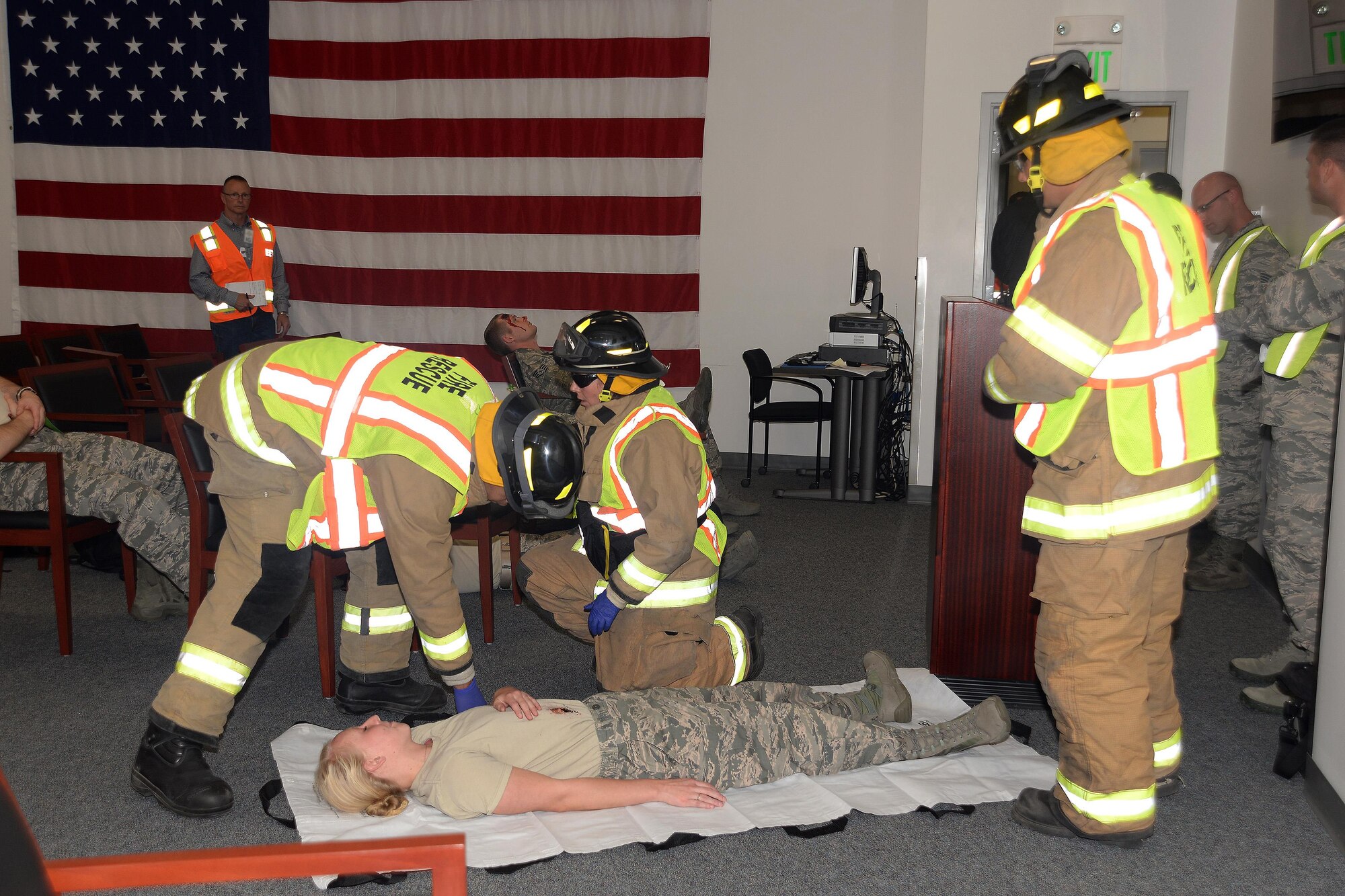The U.S. Air Force Academy held an active shooter exercise Aug. 23, 2016. The Academy maintains readiness to respond to emergencies such as active shooters by conducting training exercises multiple times a year. The 10th Security Forces Squadron, Civil Engineer Squadron and Medical Group were able to quickly respond to the exercise scenario, neutralize the threats and evacuate the victims. (U.S. Air Force photo by Darcy Ibidapo) 