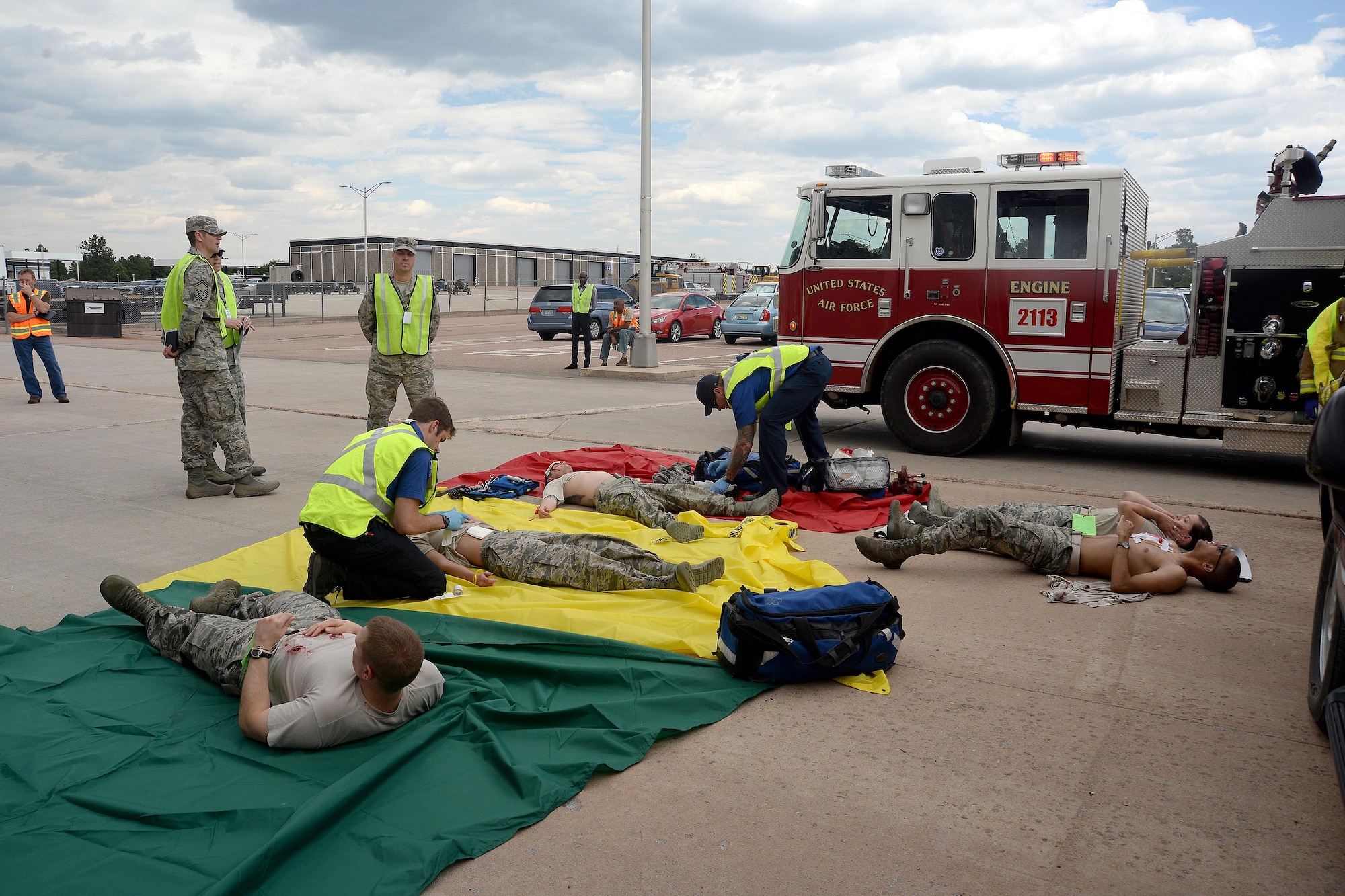The U.S. Air Force Academy held an active shooter exercise Aug. 23, 2016. The Academy maintains readiness to respond to emergencies such as active shooters by conducting training exercises multiple times a year. The 10th Security Forces Squadron, Civil Engineer Squadron and Medical Group were able to quickly respond to the exercise scenario, neutralize the threats and evacuate the victims. (U.S. Air Force photo by Darcy Ibidapo) 