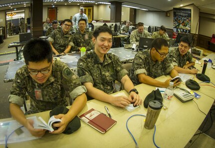 A group of Korean Army soldiers prepare to work with their U.S. counterparts at Camp Yongin, South Korea during an annual training exercise, Aug. 24, 2016. (U.S. Army photo by Staff Sgt. Ken Scar)