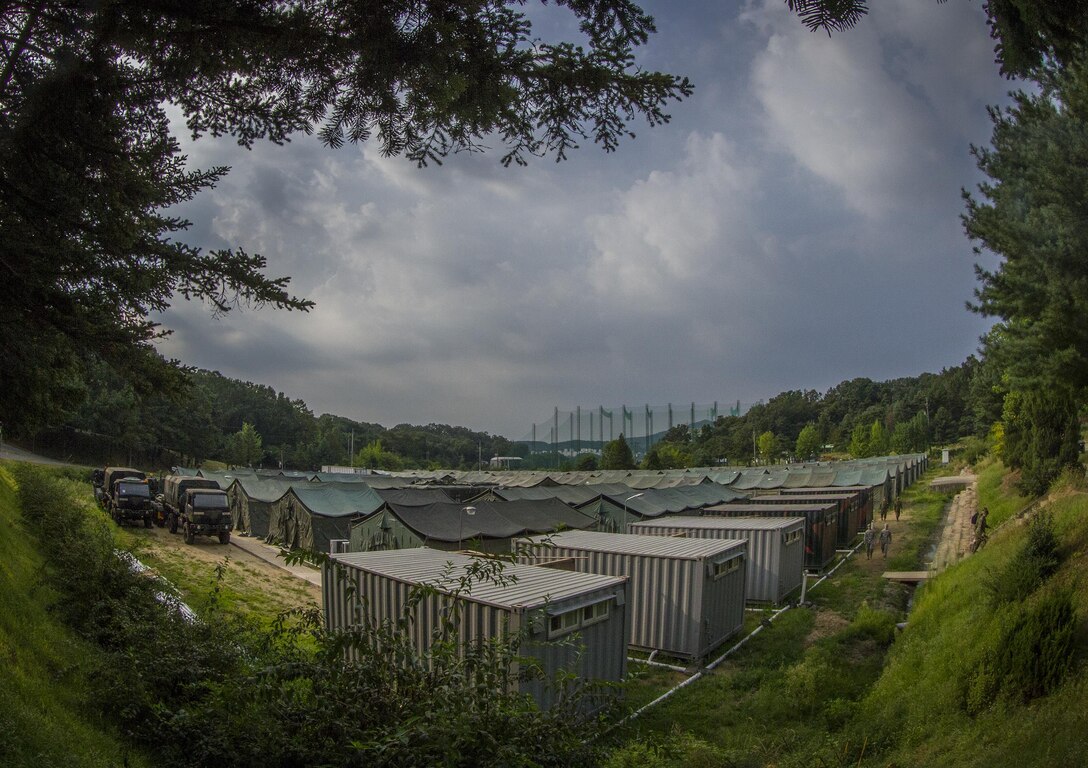 Clouds gather over a tent city built to house U.S. and Canadian soldiers as they conduct a two-week training mission at Yongin, South Korea, Aug. 23, 2016. (U.S. Army photo by Staff Sgt. Ken Scar)