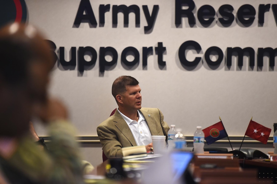 Maj. Gen. Todd McCaffrey, Commanding General of First Army Division East, visits the 85th Support Command on Aug. 8, 2016. During his visit, he received an orientation brief to better understand reserve processes within the multi-component partnership the 85th Support Command shares with First Army. McCaffrey assumed command in July of 2016.
 (Photo by Mr. Anthony L. Taylor)