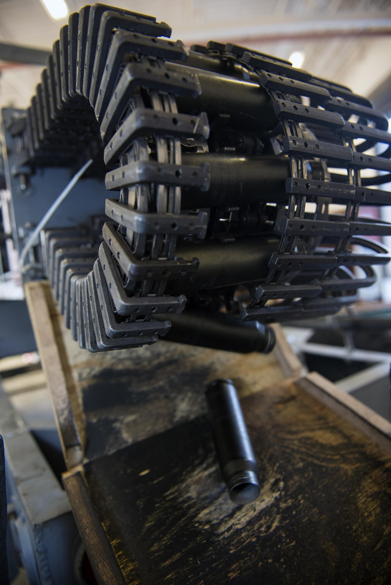 GAU-Avenger 30mm rounds cycle through a processing line during an inspection conducted by the 23d Equipment Maintenance Squadron’s munitions flight conventional section, Aug. 24, 2016, at Moody Air Force Base, Ga. According to U.S. Air Force Capt. James Knauss, 74th Fighter Squadron A-10C Thunderbolt II pilot, the bullet’s ability to pierce through four inches of armor is advantageous for the A-10’s capability to fight adversaries in combat environments. (U.S. Air Force photo by Airman 1st Class Greg Nash)