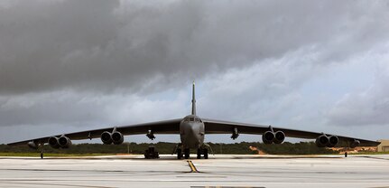 A B-52 Stratofortress prepares to taxi on Andersen Air Force Base, Guam, Aug. 24, 2016. The B-52s have served non-stop rotations since 2006, which have been shared between the bomber squadrons from Minot AFB, N.D., and Barksdale AFB, La. 


