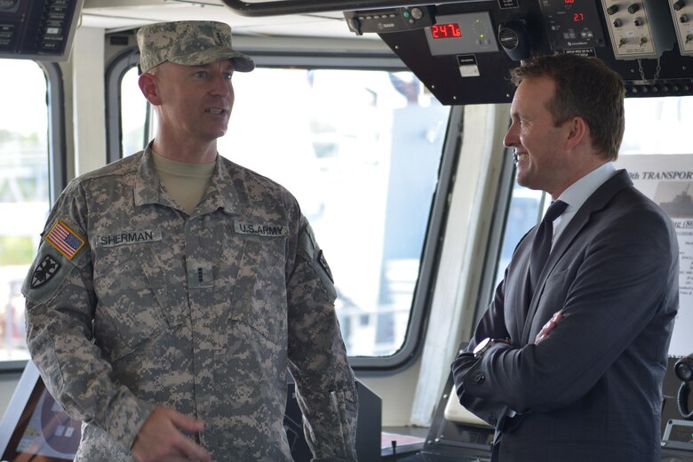 CW4 William Sherman, 73rd Transportation Company large tug vessel master, briefs Eric Fanning, Secretary of the Army, on the U.S. Army Vessel MG Winfield Scott’s capabilities at Fort Eustis, Va., Aug. 25, 2016. The Winfield Scott is a large ocean going vessel capable of  deploying  anywhere in the world from its current location.  (U.S. Air Force photo by Staff Sgt. Natasha Stannard)