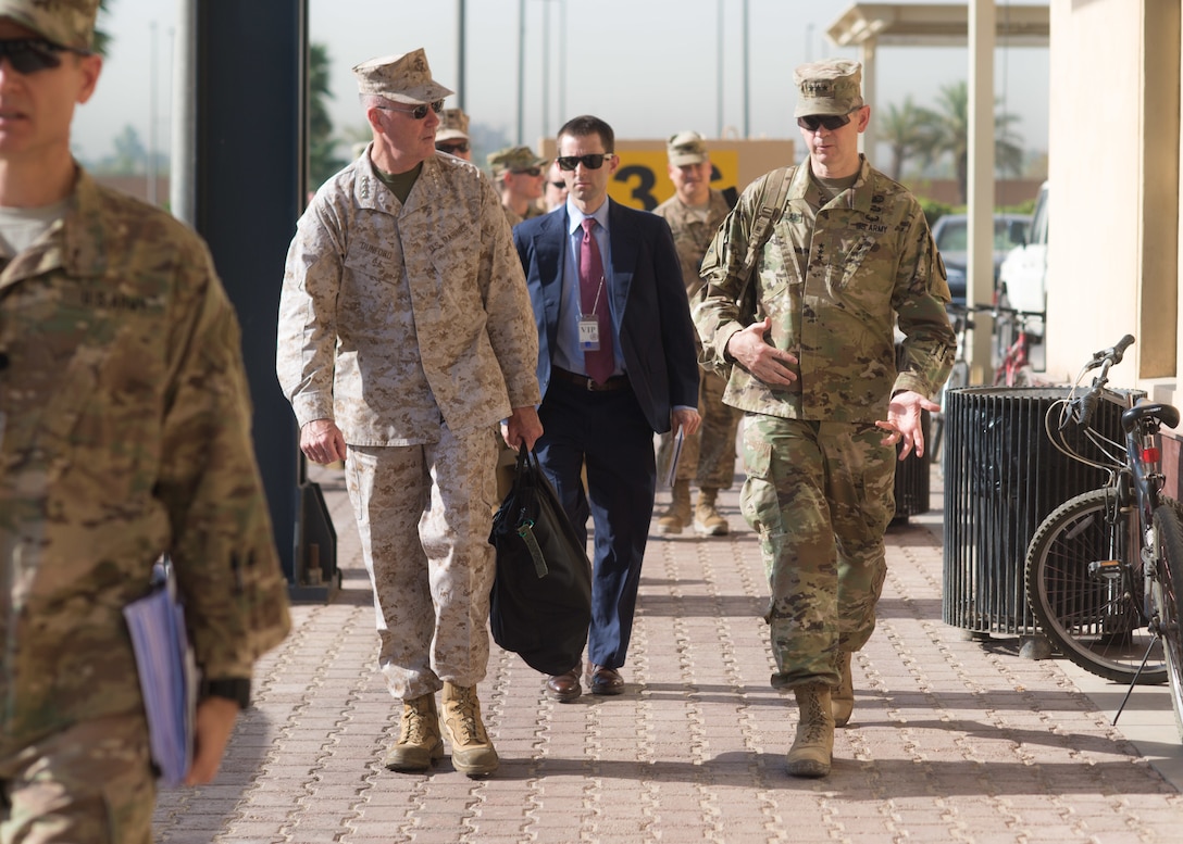 Marine Gen. Joseph F. Dunford Jr., chairman of the Joint Chiefs of Staff, speaks to Army Lt. Gen. Sean MacFarland, commander Operation Inherent Resolve, at the Union III Headquarters in Baghdad, July 31st, 2016. Dunford is visiting Iraq to assess the campaign against the Islamic State of Iraq and the Levant.(DoD Photo by Navy Petty Officer 2nd Class Dominique A. Pineiro)