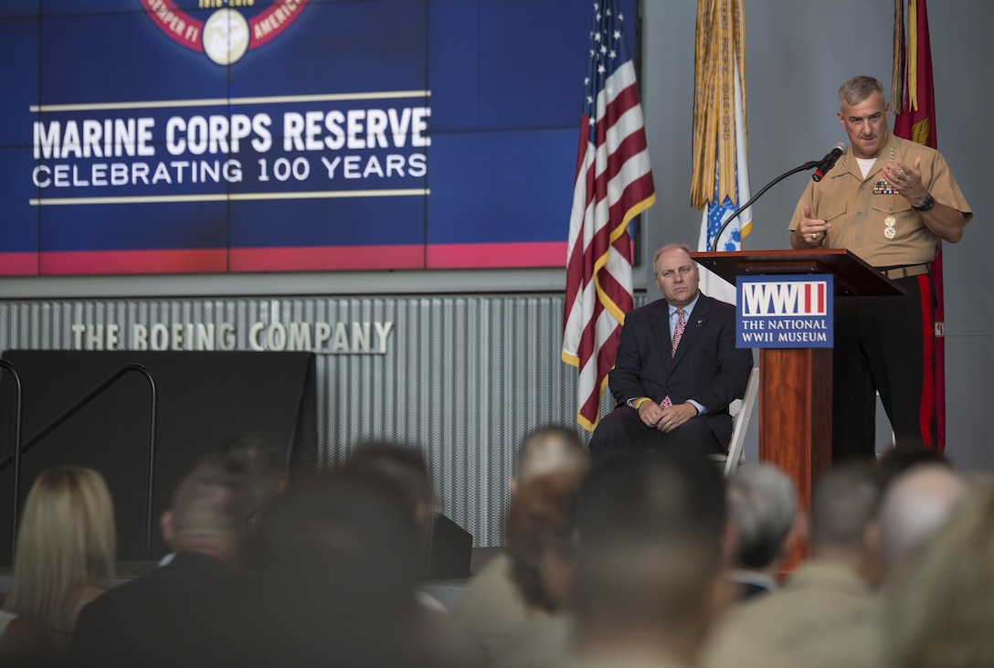 Gen. Glenn M. Walters, Assistant Commandant of the Marine Corps, addresses the audience at the kick-off ceremony of the U.S. Marine Corps Reserve Centennial at the National World War II Museum in New Orleans, Aug. 26, 2016. Marine Forces Reserve will celebrate 100 years of service by running a series of events across the nation remembering the Marine Corps’ history, heritage, and esprit de corps, while also looking to the future. The campaign will also bring awareness to the continued contributions of the Reserve and their essential role in the Marine Corps. (U.S. Marine Corps photo by Sgt. Sara Graham) 