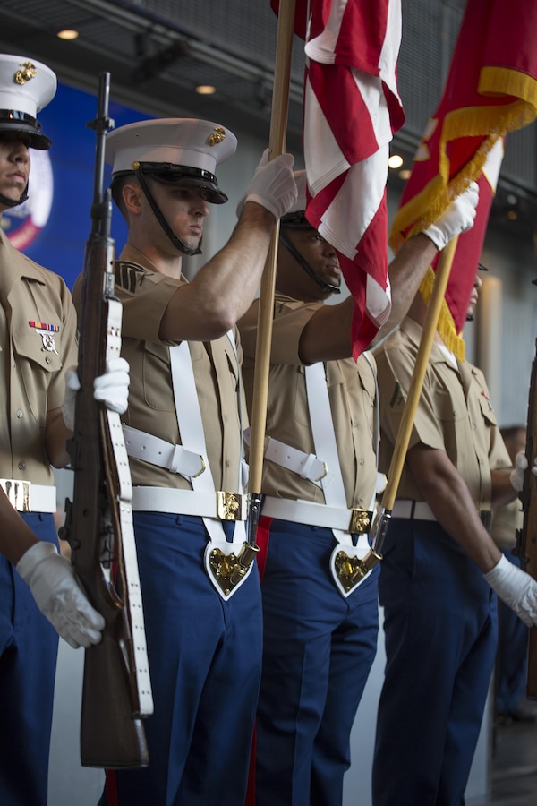 Marines from Marine Corps Support Facility New Orleans prepare to present the colors at the kick-off ceremony of the U.S. Marine Corps Reserve at the National World War II Museum in New Orleans, Aug. 26, 2016. The celebration is the start of a campaign that will run a series of events across the Nation to recognize 100 years of dedicated service. Over the years the Reserve has continued to be a key component to the Marine Corps’ role as the Nation’s crisis response force and expeditionary force in readiness. It recognizes the Marines and families who have sacrificed over the past 100 years and who continue to stand ready to defend their Nation. (U.S. Marine Corps photo by Sgt. Sara Graham) 