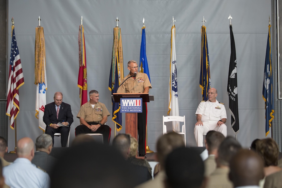 Lt. Gen. Rex C. McMillian, commander of Marine Forces Reserve and Marine Forces North, addresses audience at the kick-off ceremony of the U.S. Marine Corps Reserve Centennial at the National World War II Museum in New Orleans, Aug. 26, 2016. Marine Forces Reserve will celebrate 100 years of service by running a series of events across the nation remembering the Marine Corps’ history, heritage, and esprit de corps, while also looking to the future. The campaign will also bring awareness to the continued contributions of the Reserve and their essential role in the Marine Corps. (U.S. Marine Corps photo by Sgt. Sara Graham)