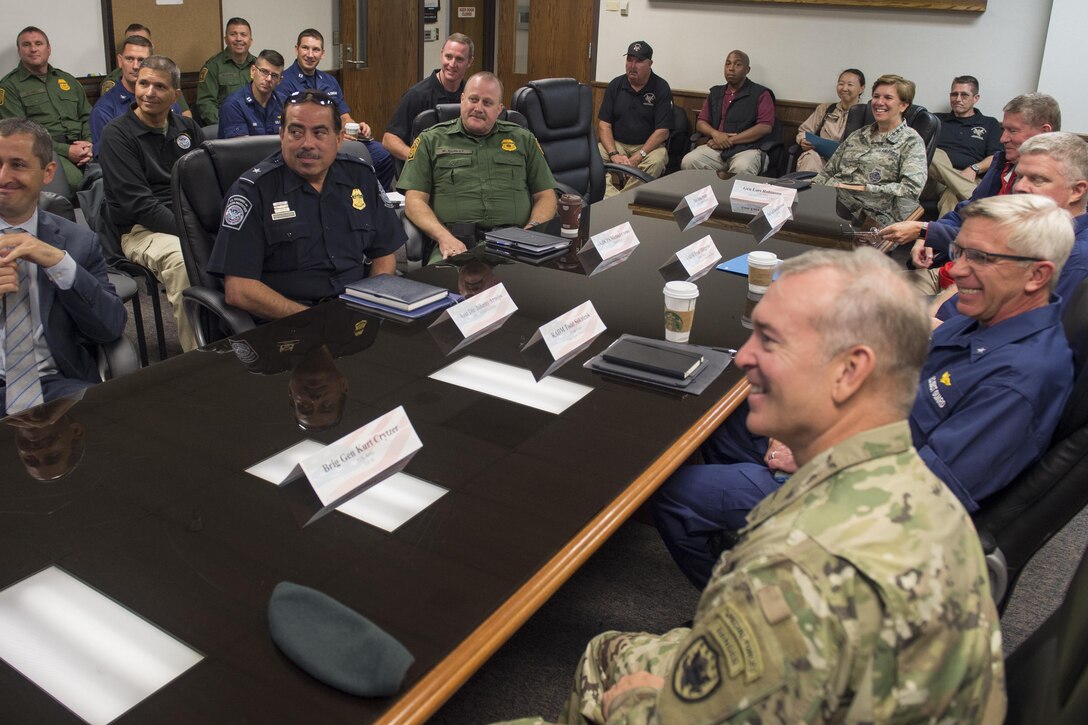 Gen. Lori Robinson, NORAD and USNORTHCOM Commander, is briefed about the Southwest Border Region by members of the Department of Homeland Security, the U.S. Customs and Border Protection and Joint Task Force North at the CBP Air and Marine Operations in San Diego, Calif., Aug. 24, 2016. (NORAD and USNORTHCOM Courtesy Photo) 