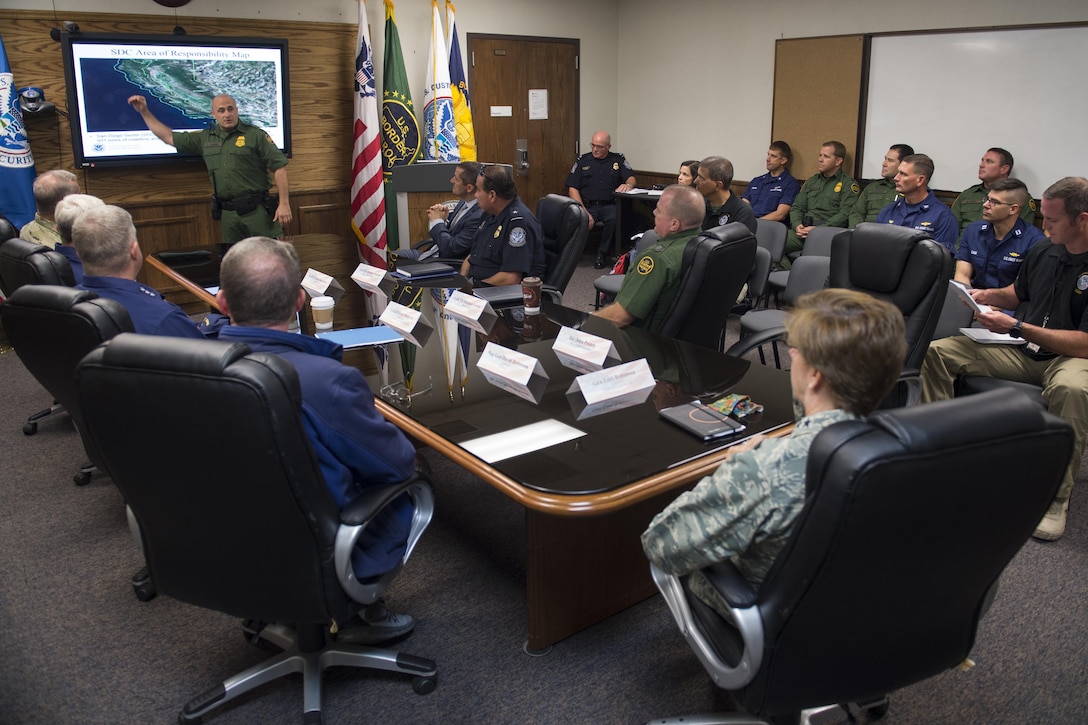 Gen. Lori Robinson, NORAD and USNORTHCOM Commander, is briefed about the Southwest Border Region by members of the Department of Homeland Security, the U.S. Customs and Border Protection and Joint Task Force North at the CBP Air and Marine Operations in San Diego, Calif., Aug. 24, 2016. (NORAD and USNORTHCOM Courtesy Photo) 