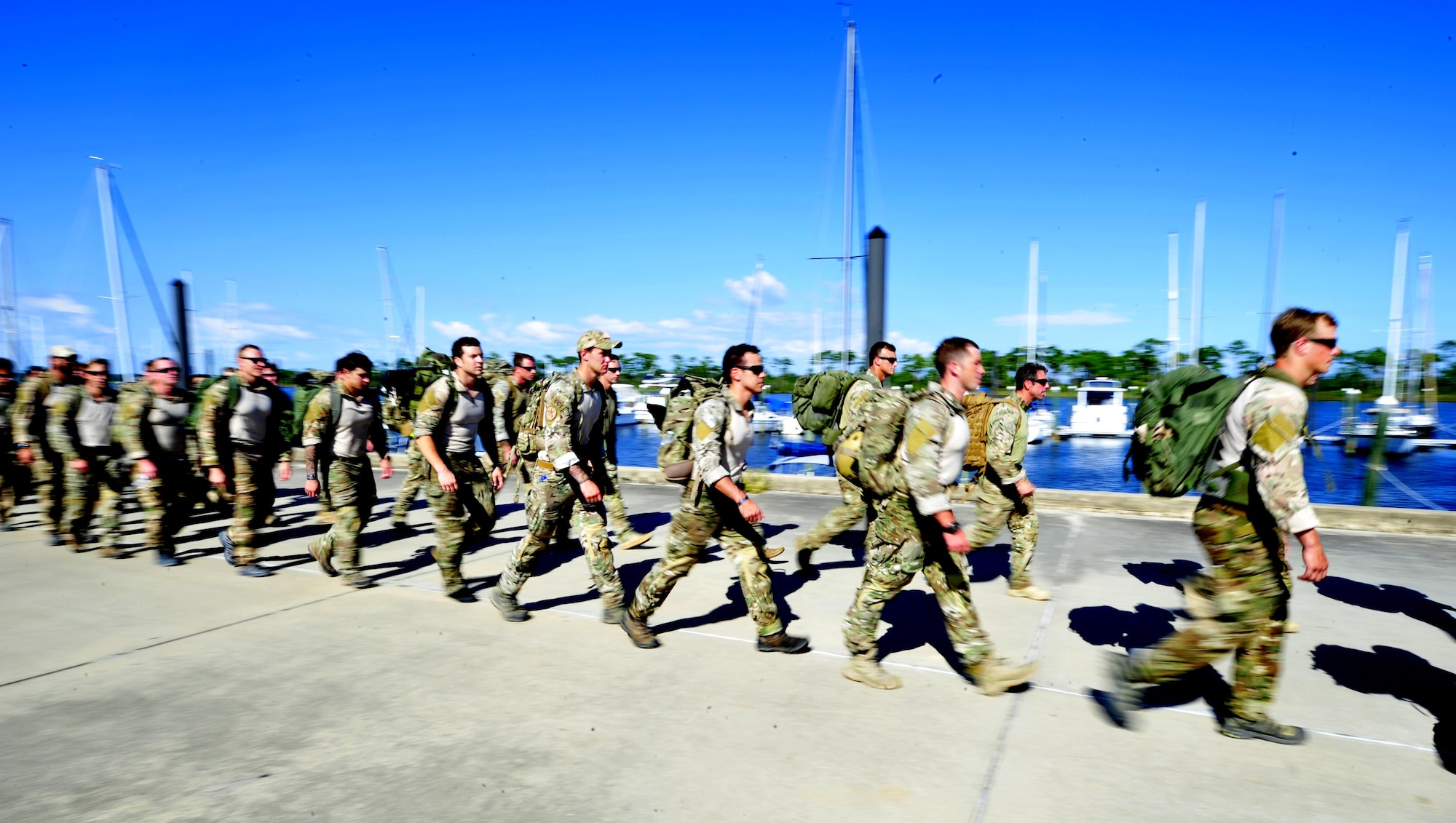 Special Tactics Airmen from the 24th Special Operations Wing march in honor of Staff Sgt. Forrest Sibley Aug. 26, 2016, at Naval Air Station Pensacola, Fla., on the first annivesary of his death. He and another Special Tactics Airman, Capt. Matthew D. Roland, were killed in action in Afghanistan last year. (U.S. Air Force photo by Tech. Sgt. Tyler Placie)
