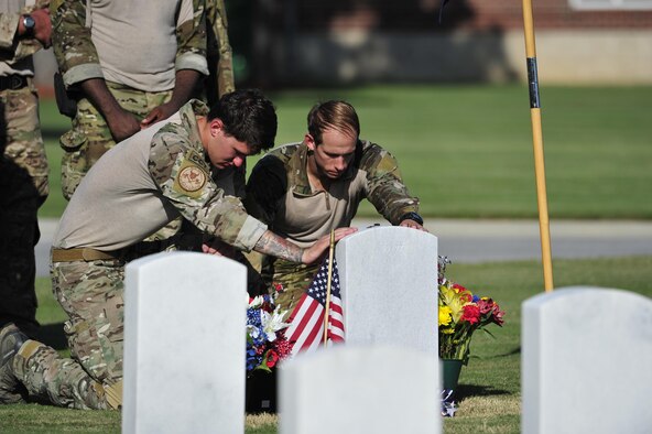 Special Tactics Airmen from the 24th Special Operations Wing honor of Staff Sgt. Forrest Sibley Aug. 26, 2016, at Naval Air Station Pensacola, Fla., on the first annivesary of his death. He and another Special Tactics Airman, Capt. Matthew D. Roland, were killed in action in Afghanistan last year. (U.S. Air Force photo by Tech. Sgt. Tyler Placie)
