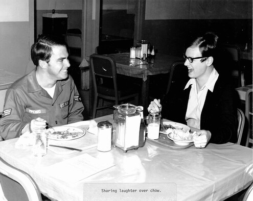 Airmen eat during their assignment to leadership school in 1970 at the I.G. Brown Training and Education Center on McGhee Tyson Air National Guard Base in Louisville, Tenn. Twenty-two Women in the Air Force, or WAFs, were in the class. (U.S. Air National Guard photo)