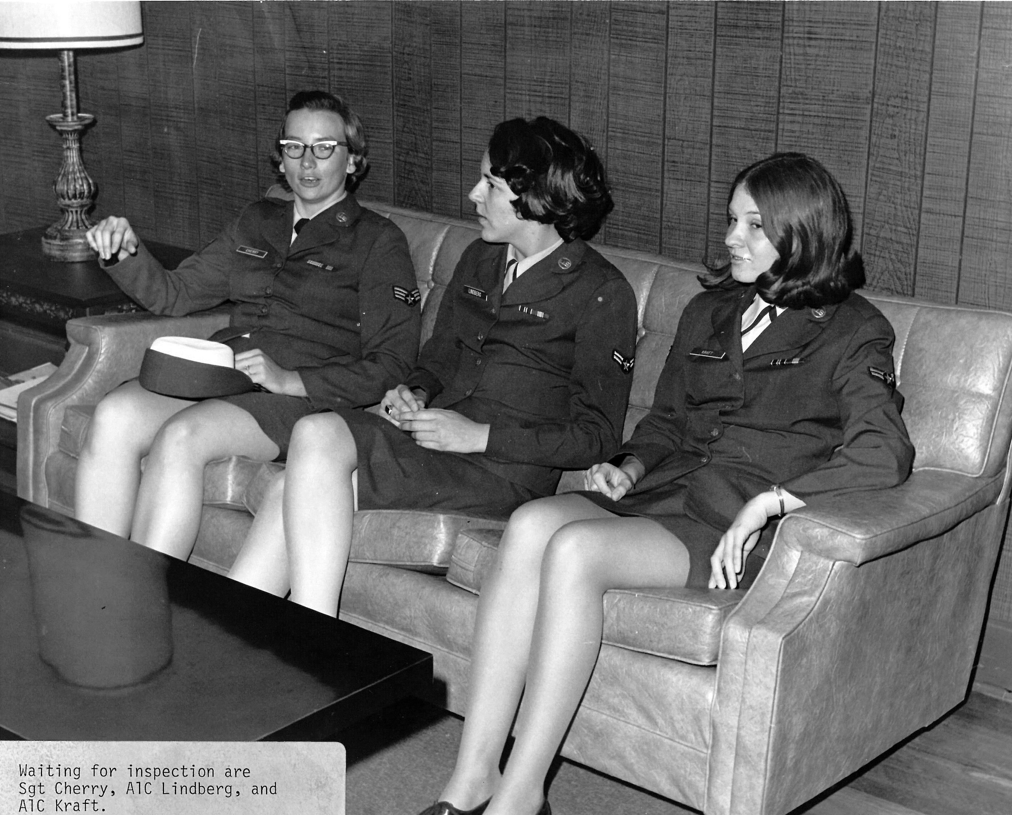Sgt. Lucis A. Cherry, Airman 1st Class P. Linberg and Airman 1st Class A. Kraft, wait for inspection during leadership school. The airmen were among 22 Women in the Air Force, or WAFs, in 1970 at the I.G. Brown Training and Education Center on McGhee Tyson Air National Guard Base in Louisville, Tenn. (U.S. Air National Guard photo)
