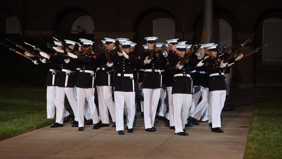the U.S. Marine Corps ceremonial bands and drill team perform for public viewing, August 26, 2016. The guest of honor for the event was Secretary of Defense Ash Carter. (U.S. Marine Corps Courtesy Photo/ Released)