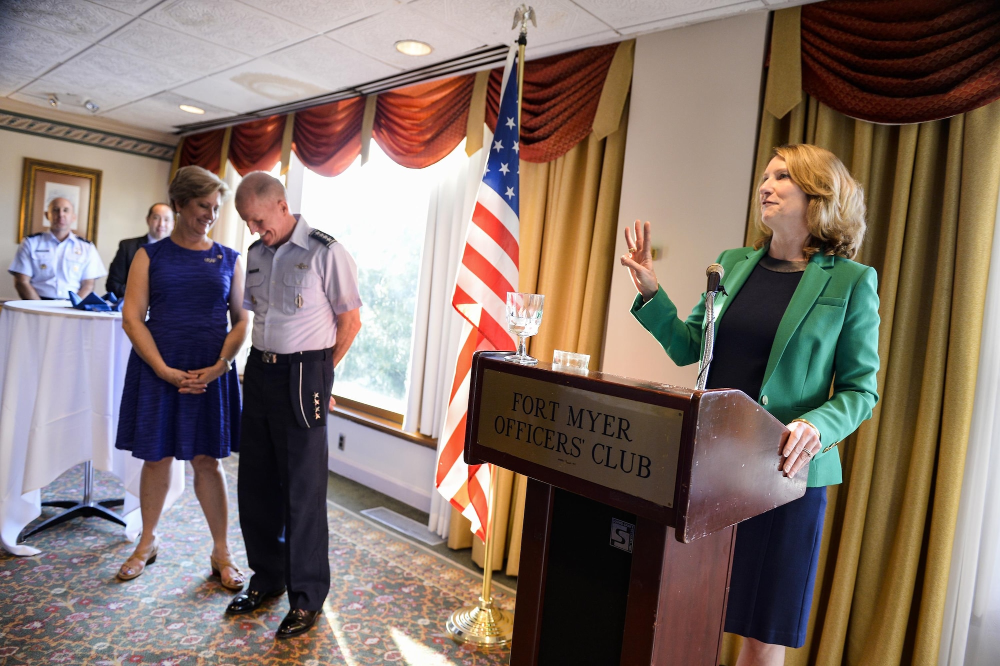Air Force Undersecretary Lisa S. Disbrow gives remarks as Gen. Stephen W. Wilson is welcomed as the service's new vice chief of staff at a reception Aug. 26, 2016, at the Fort Myer Officer's Club, Va. (U.S. Air Force photo/Tech. Sgt. Joshua L. DeMotts)