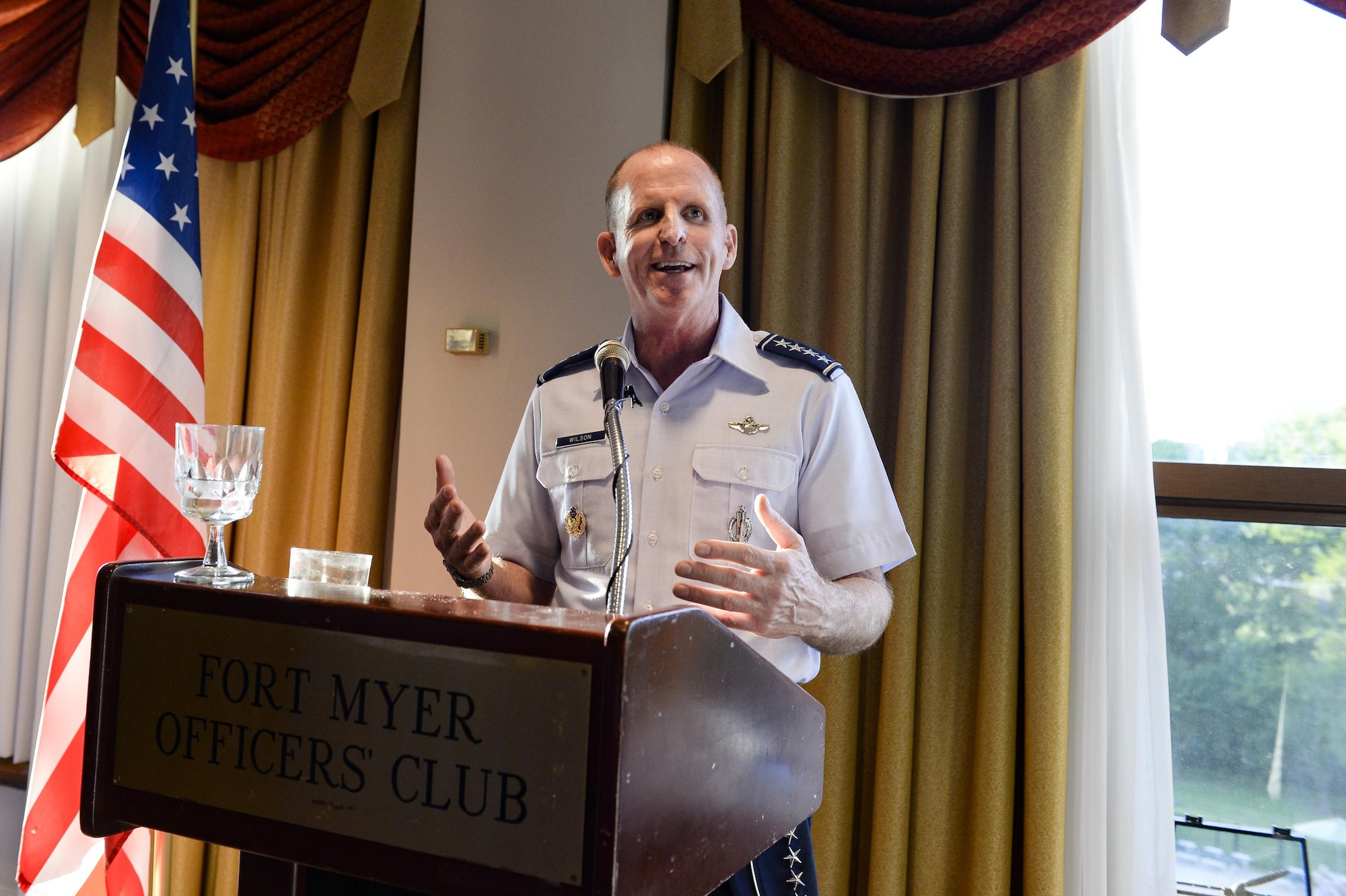 Gen. Stephen W. Wilson shares his thoughts at a reception welcoming him as the service's new vice chief of staff Aug. 26, 2016, at the Fort Myer Officer's Club, Va. (U.S. Air Force photo/Tech. Sgt. Joshua L. DeMotts)