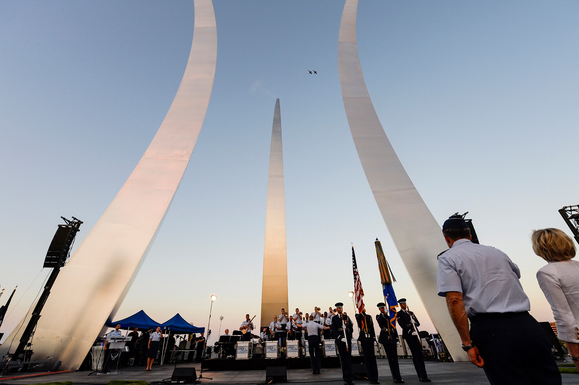 A T-38 Talon formation flyover kicks off a public U.S. Air Force Band concert at the Air Force Memorial to honor Vietnam War veterans Aug. 26, 2016, in Arlington, Va. Prior to attending the concert, Air Force Undersecretary Lisa S. Disbrow and Chief of Staff Gen. Dave Goldfein welcomed Gen. Stephen W. Wilson as the service's new vice chief of staff at a reception in the Fort Myer Officer's Club. (U.S. Air Force photo/Tech. Sgt. Joshua L. DeMotts)