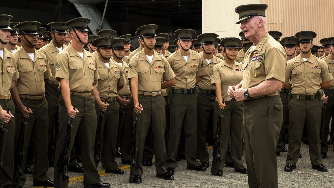 Lt. Gen. John A. Toolan, outgoing commander of U.S. Marine Corps Forces, Pacific, speaks to MARFORPAC non-commissioned officers before the change of command ceremony at Marine Corps Base Hawaii, August 26, 2016. The change of command ceremony represents the transfer of responsibility and authority between the commanders.  
