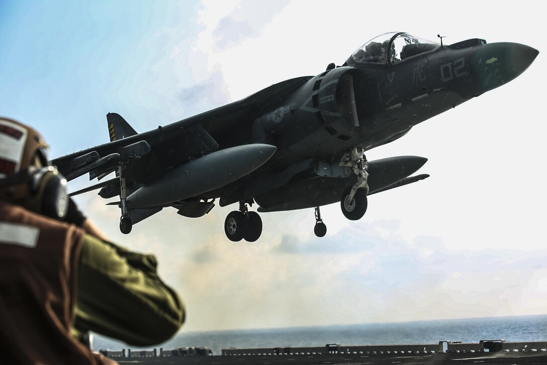 ABOARD USS BONHOMME RICHARD (LHD-6), At Sea – A Marine Corps AV-8B Harrier jet with Marine Medium Tiltrotor Squadron 262 (Reinforced), 31st Marine Expeditionary Unit, lands during flight operations aboard the USS Bonhomme Richard (LHD-6), Aug. 27, 2016. The 31st MEU is the Marine Corps’ only continuously forward-deployed Marine Air-Ground Task Force, and combines air-ground-logistics into a single team capable of addressing a range of military operations in the Asia-Pacific region, from force projection and maritime security to humanitarian assistance and disaster relief. (U. S. Marine Corps photo by Sgt. Tiffany Edwards/released)