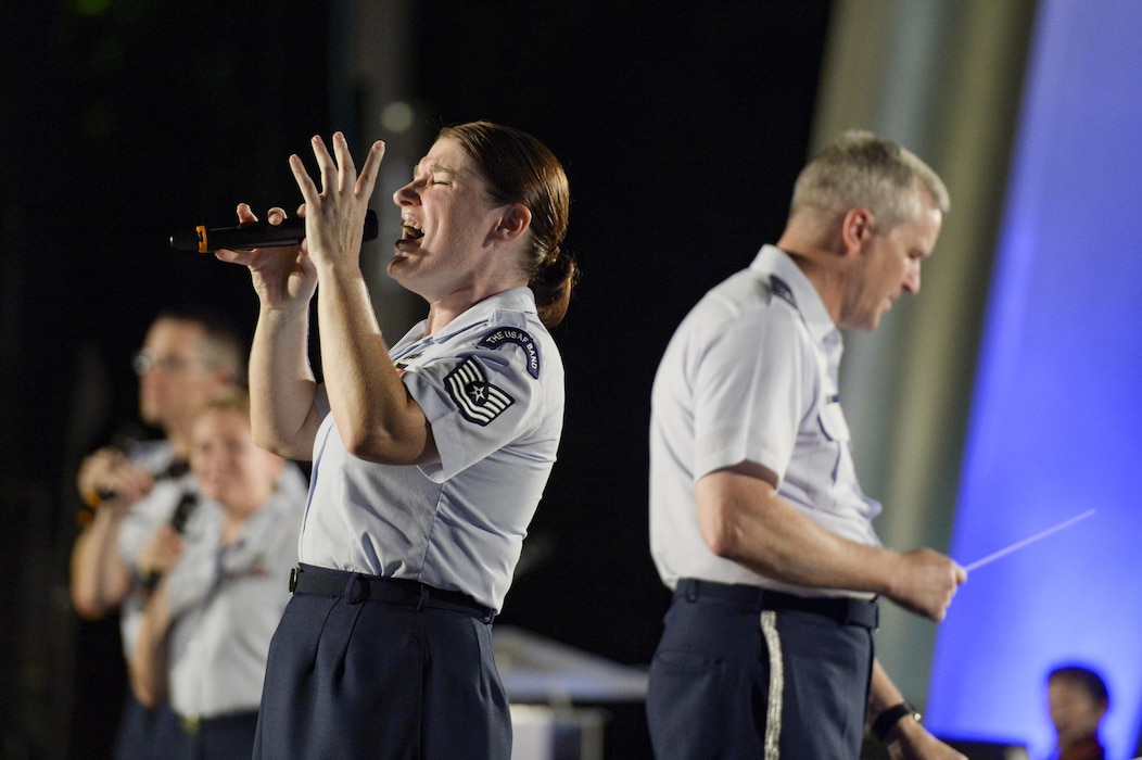 The U.S. Air Force Band performs in a public concert at the Air Force Memorial to honor Vietnam War veterans Aug. 26, 2016, in Arlington, Va. Prior to attending the concert, Air Force Undersecretary Lisa S. Disbrow and Chief of Staff Gen. Dave Goldfein welcomed Gen. Stephen W. Wilson as the service's new vice chief of staff at a reception in the Fort Myer Officer's Club. (U.S. Air Force photo/Tech. Sgt. Joshua L. DeMotts)