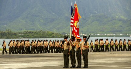 U.S. Marine Corps Forces, Pacific Color Guard prepares to step off during the U.S. Marine Corps Forces, Pacific change of command ceremony at Marine Corps Base Hawaii, Aug. 26, 2016. The change of command ceremony represents the transfer of responsibility and authority over MARFORPAC between commanders. 