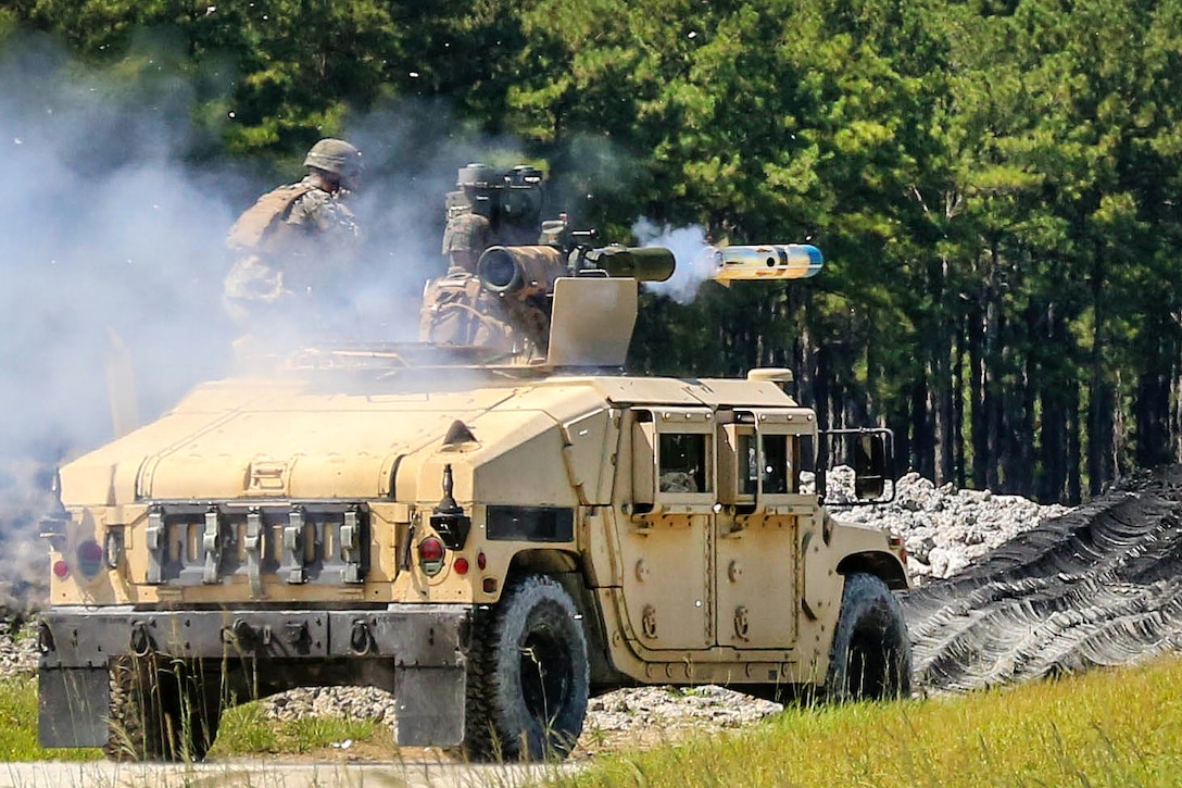 Marine Corps gunners fire a tube-launched, wire-guided missile during a battle drill at Camp Lejeune, N.C., Aug. 23, 2016. The Marines, assigned to 3rd Battalion, 6th Marine Regiment, performed the drill using the M41A4 Saber Missile System that can be effective up to 4,000 meters. Marine Corps photo by Lance Cpl. Jon Sosner