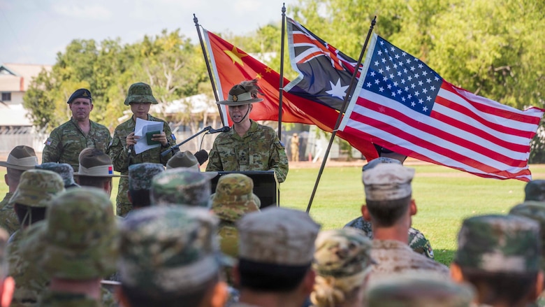 Brigadier Damian Cantwell, the Exercise Kowari commander, speaks to staff, supporters, and participants of Exercise Kowari at Larrakeyah Barracks, Northern Territory, Australia, August 26, 2016. The purpose of Exercise Kowari is to enhance the United States, Australia, and China’s friendship and trust, through trilateral cooperation in the Asia-Pacific and Indian Ocean Rim regions.