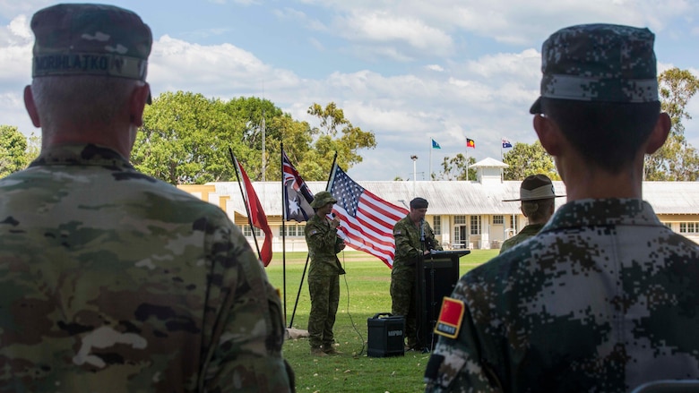 Australian officials welcome U.S. Marines and soldiers, Australian Army soldiers, and People’s Liberation Army soldiers during Exercise Kowari’s opening ceremony at Larrakeyah Barracks, Northern Territory, Australia, August 26, 2016. The purpose of Exercise Kowari is to enhance the United States, Australia, and China’s friendship and trust, through trilateral cooperation in the Asia-Pacific and Indian Ocean Rim regions.