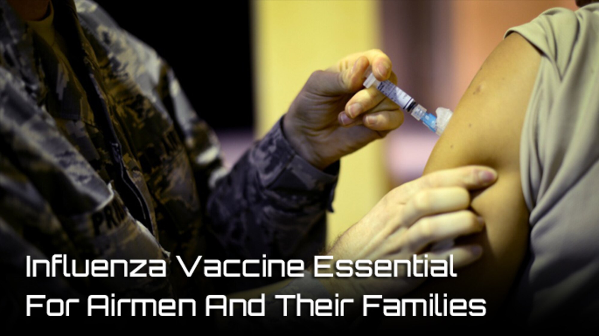 Staff Sgt. Justin Pribble, 31st Medical Operations Squadron allergy and immunizations NCO in charge, administers an influenza vaccine to a patient, Oct. 14, 2015, at Aviano Air Base, Italy. (Photo by Senior Airman Areca T. Bell, Graphic added by Steve Thompson)