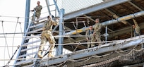 FORT JACKSON, S.C. – Soldiers of Foxtrot Company, 1st Battalion 34th Infantry Regiment conduct the rope bridge obstacles at the Victory Tower complex on Aug. 23, 2016.  Foxtrot Company has a unique mission in the Army, it uses both active duty and reserve drill sergeants to train Soldiers going through Basic Combat Training on Fort Jackson, S.C. (U.S. Army Reserve photo by Sgt. Michael Adetula, 206th Broadcast Operations Detachment)