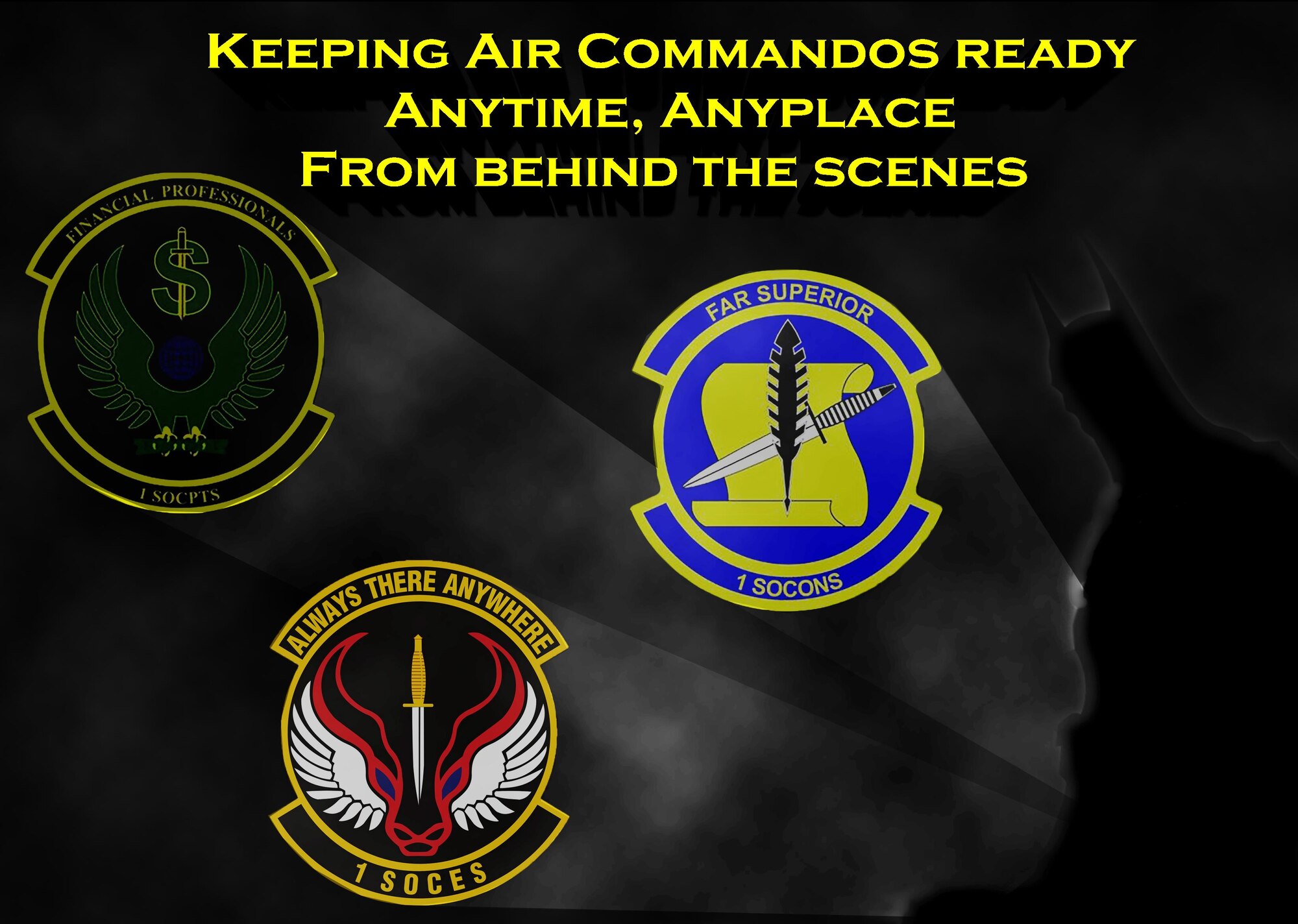 The combined efforts of the 1st Special Operations Civil Engineering, Comptroller and Contracting Squadron are often not recognized for their teamwork that takes place behind the scenes. They are responsible for keep the base equiped and able to provide combat ready forces anytime, anyplace. (U.S. Air Fore graphic by Senior Airman Andrea Posey) 