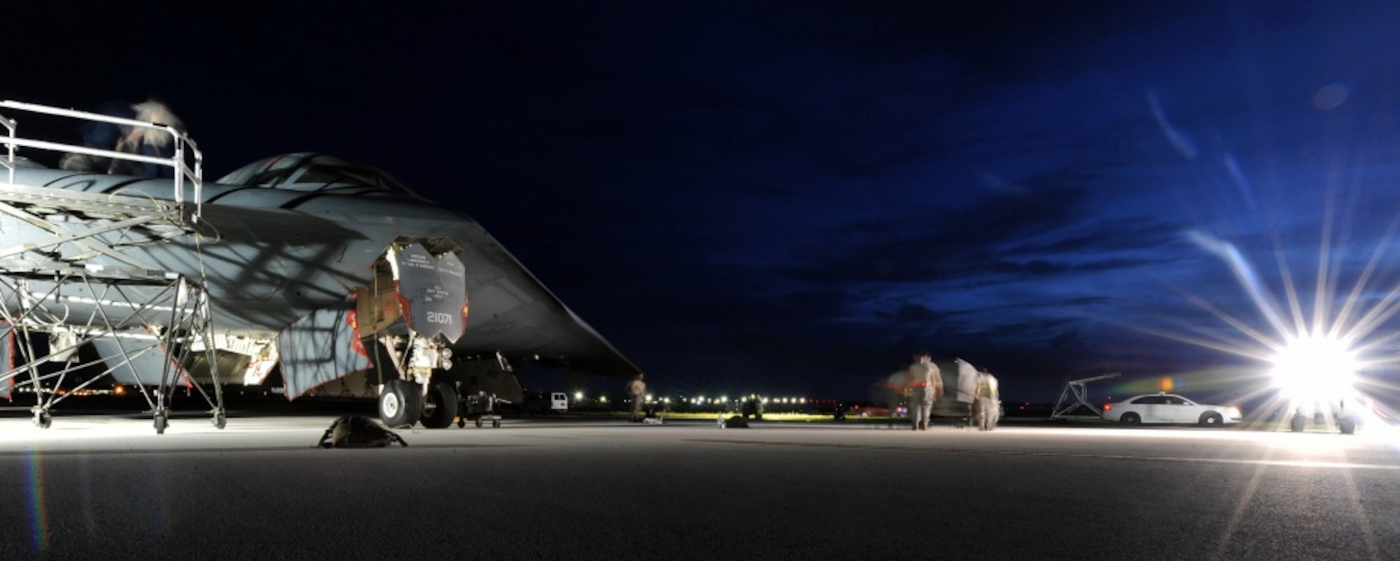 Airmen assigned to the 509th Aircraft Maintenance Squadron deployed from Whiteman Air Force Base, Mo., perform routine maintenance on a B-2 Spirit Aug. 24, 2016 at Andersen Air Force Base, Guam. Task of the maintenance Airmen can differ depending on the take off or landing time of aircraft creating variety in their day to day task. (U.S. Air Force photo by Senior Airman Jovan Banks) 