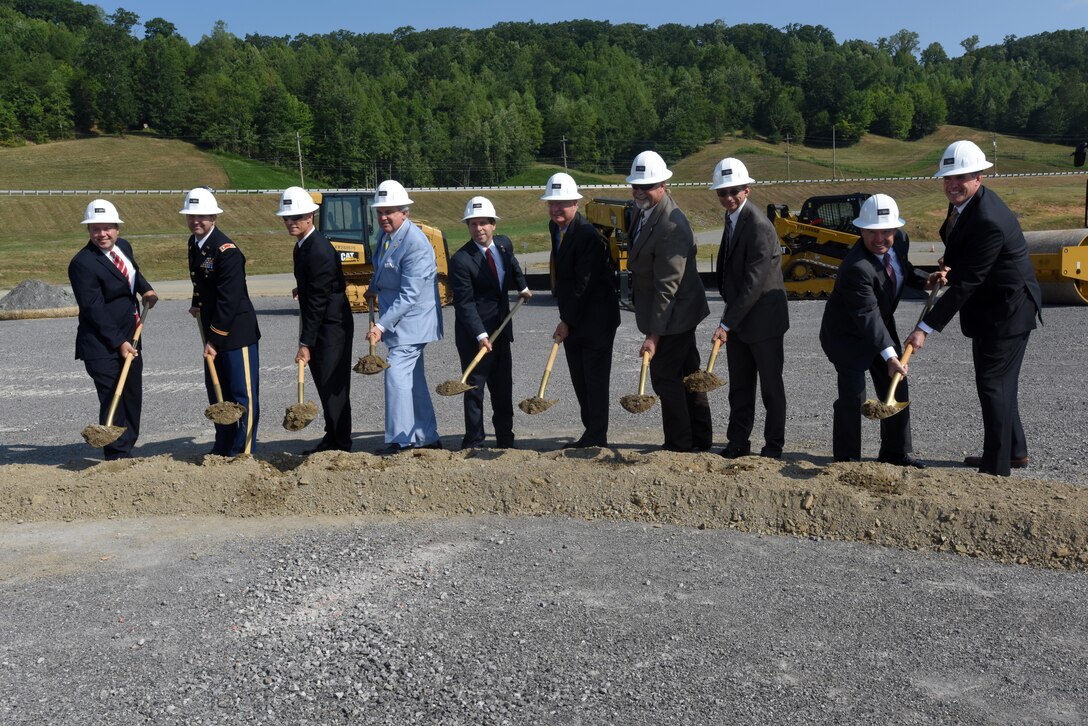 Distinguished officials take part in the groundbreaking of the new Construction Support Building at the Y-12 National Security Complex in Oak Ridge, Tenn., Aug. 25, 2016. The U.S. Army Corps of Engineers Nashville District is managing the construction of the building, which is part of the larger Uranium Processing Facility project.