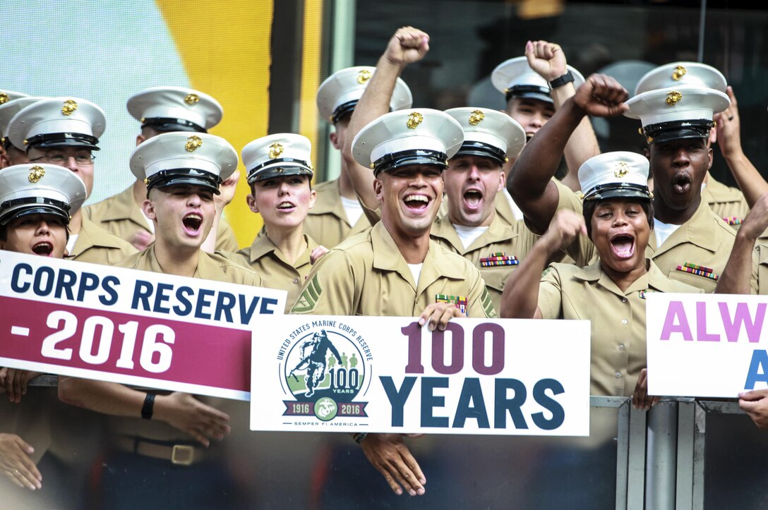 Reserve Marines cheer at NBC's Today Show in New York, Aug. 29, 2016, to mark the Marine Corps Reserve's centennial anniversary. The celebration brings awareness of the Reserve’s role as crisis response and expeditionary forces, ready to augment the active Marine Corps component.