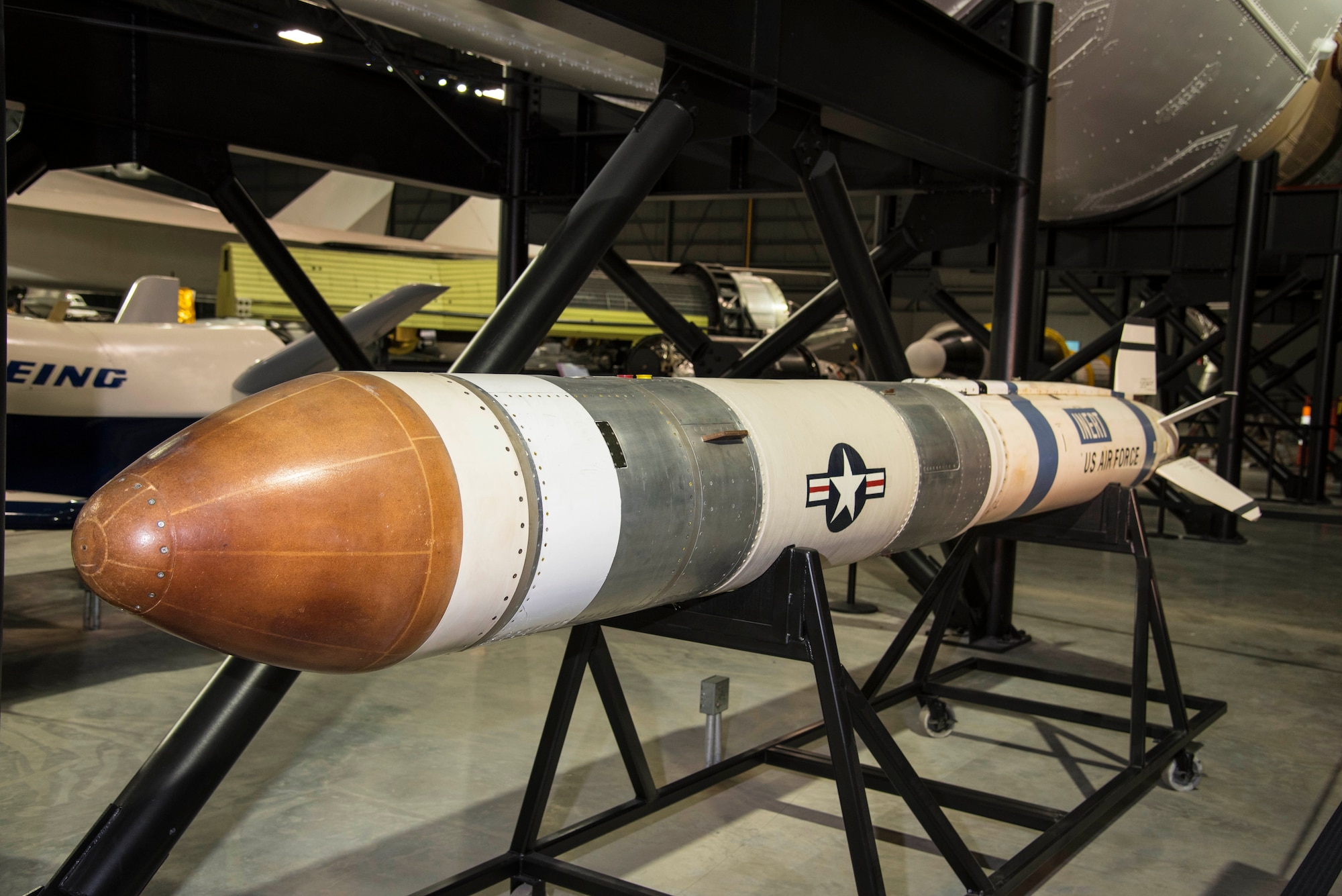 DAYTON, Ohio -- Air-launched anti-satellite missiles (ASAT) in the Space Gallery at the National Museum of the U.S. Air Force. (U.S. Air Force photo by Ken LaRock)
